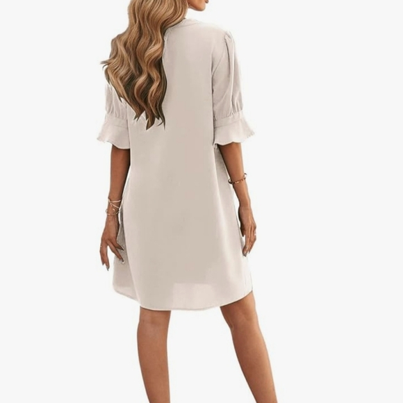 Famulily Womens Dresses V Neck Puff Sleeve Solid Loose Fit Casual Summer Beach - Picture 4 of 7